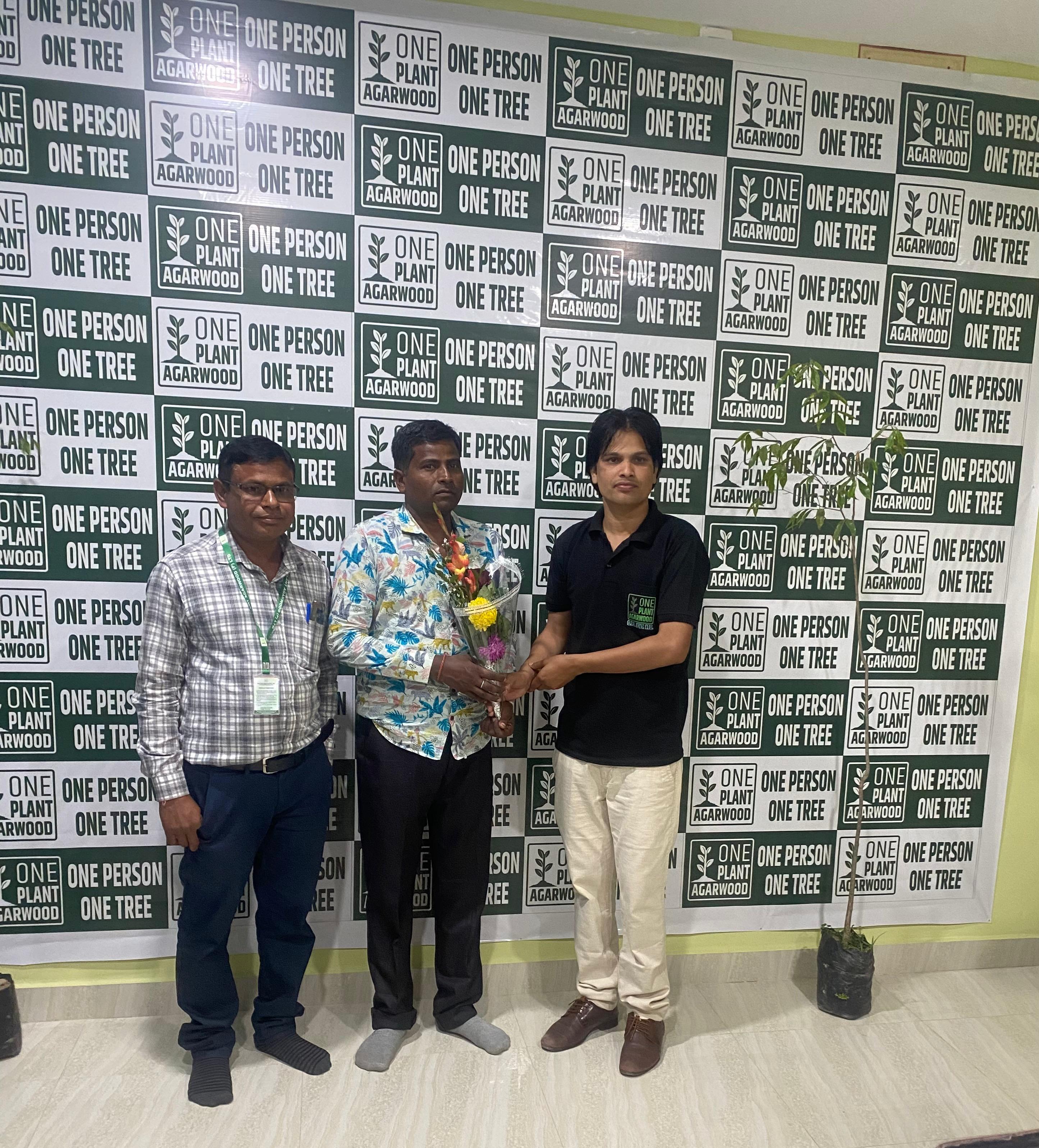 Farmer planting agarwood saplings